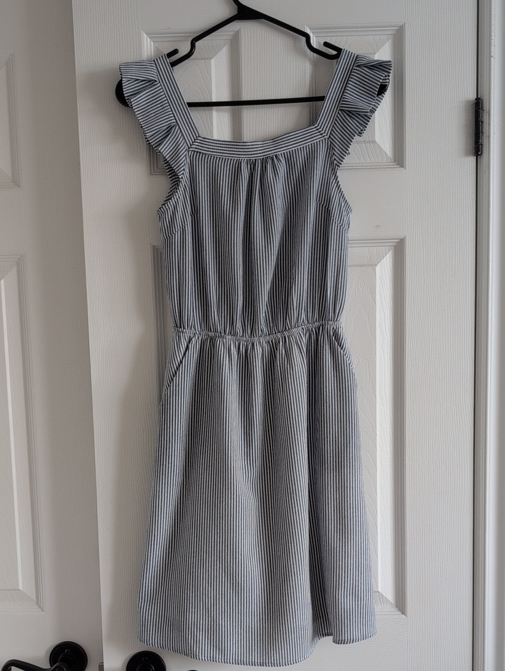 Monteau Blue and White Striped Midi Dress with Ruffle Straps & Pockets